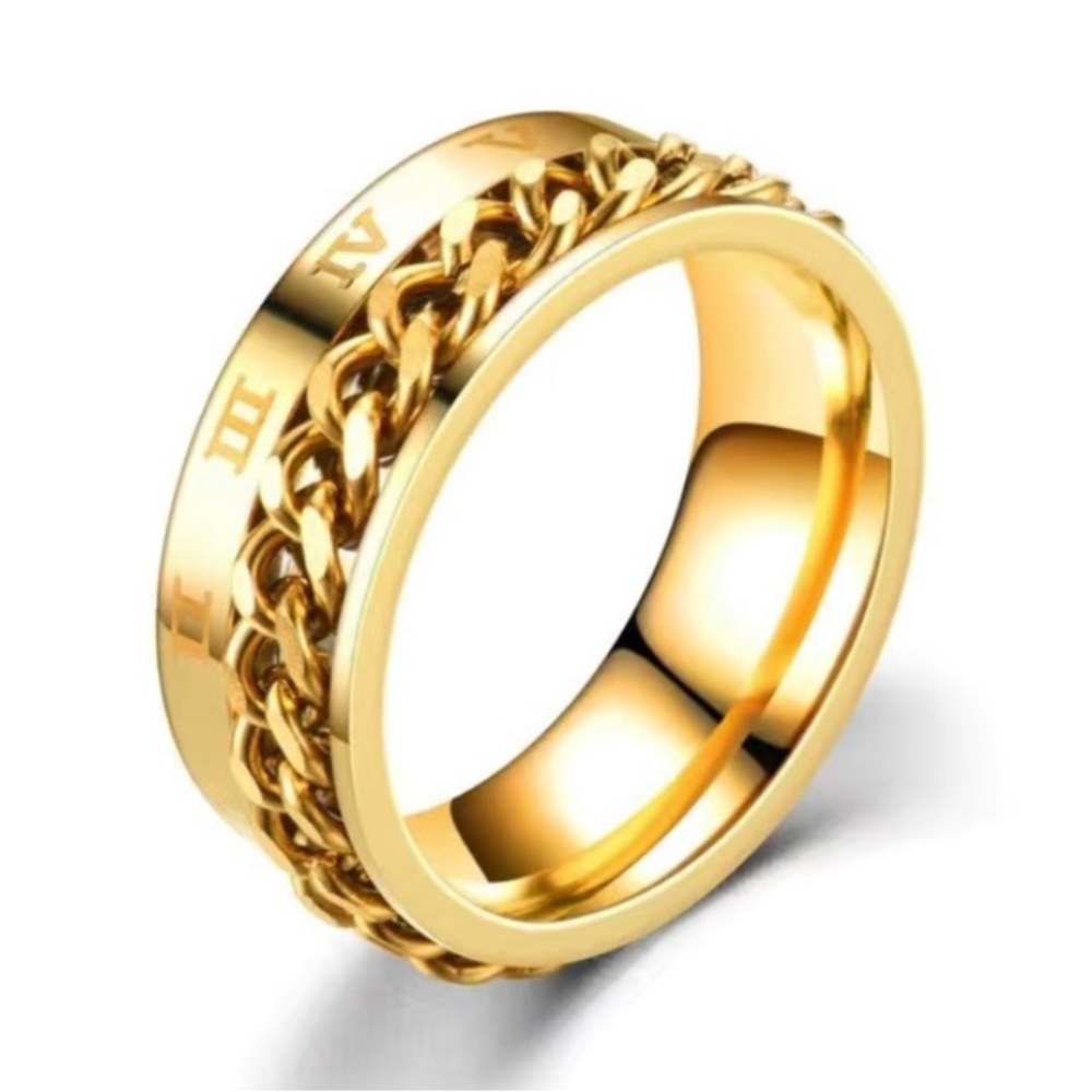 Gold Stainless Steel Chain Fidget Spinner Ring - Roman Numeral Band